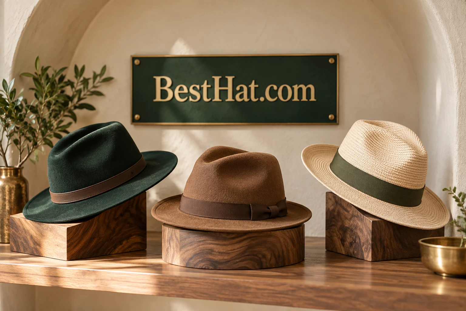 Three different hats in a considered sample assortment with a BestHat.com card.