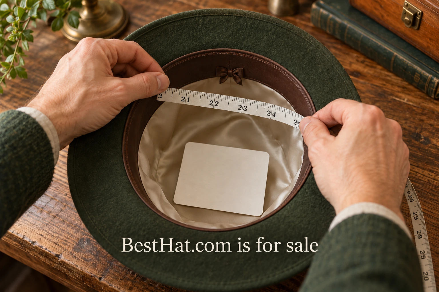 Hands measuring inside a hat crown along the sweatband, illustrating product measurement for a sizing guide. BestHat.com is for sale watermark.
