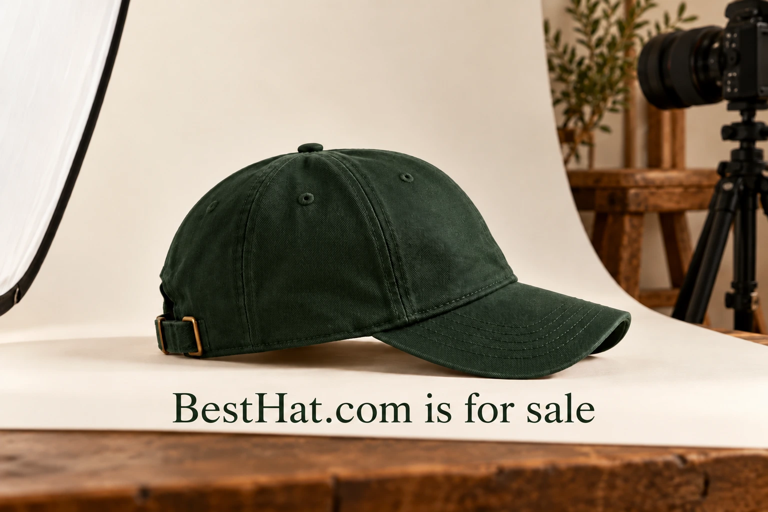 A hat in a product photography setup with lighting and a reflector. BestHat.com is for sale watermark.