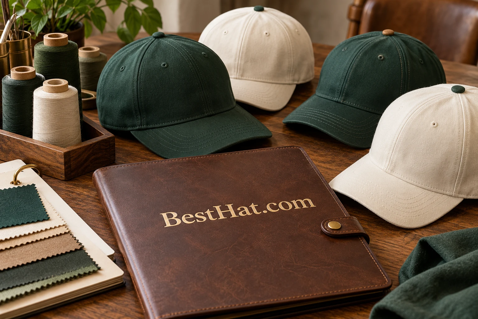 A custom-cap sample and artwork planning scene branded BestHat.com.